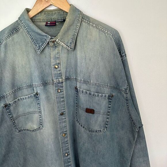 Bugle Boy Vintage Distressed Faded Collared Denim Button Down Shacket - Picture 5 of 8